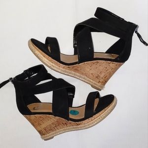 Black Strap and Woodblock Wedge Sandals